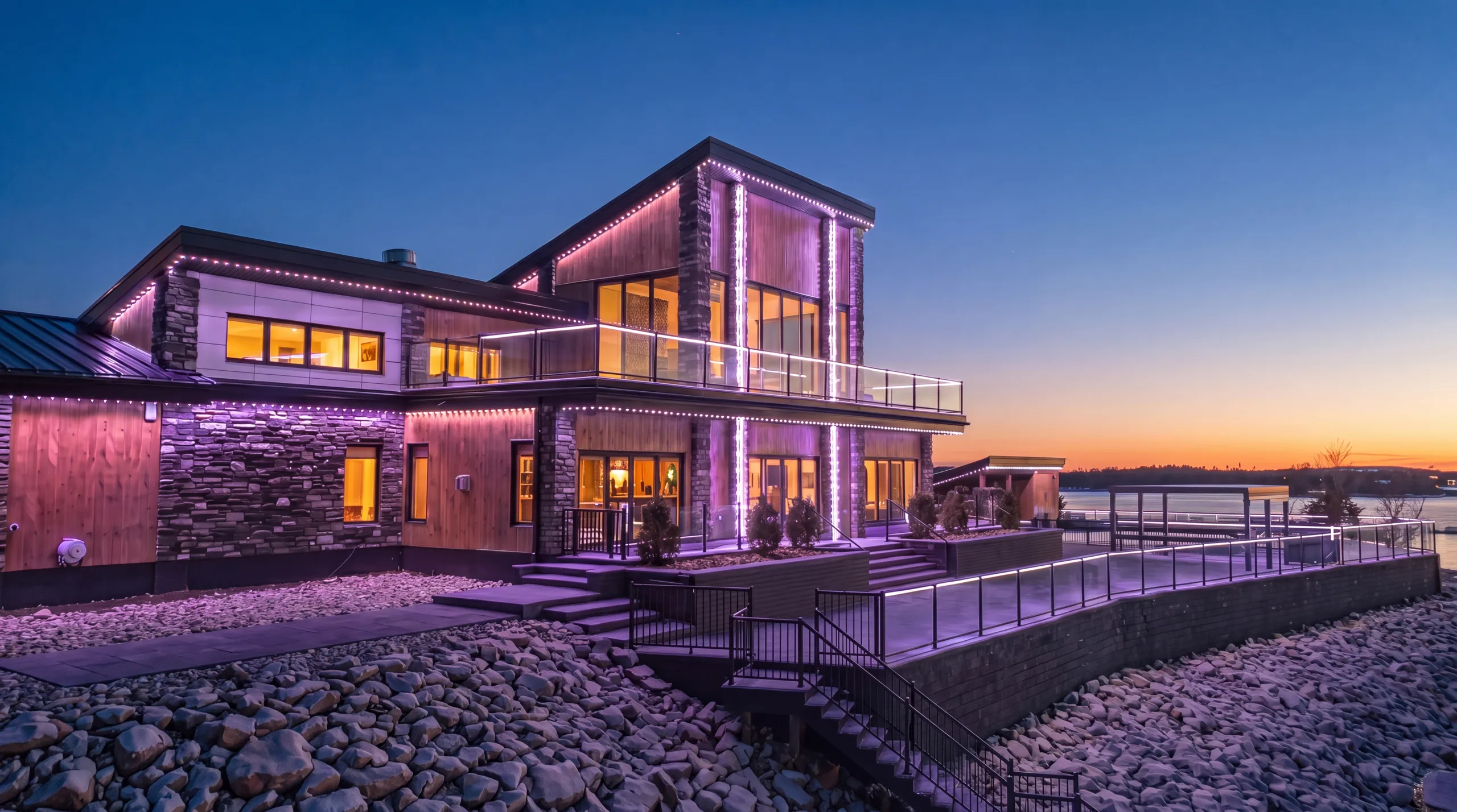 Modern stone home with every roofline and column traced in permanent warm-white LED light bars at twilight